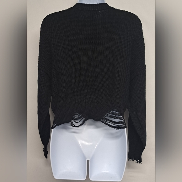 Forever 21 S Black Long Drop Sleeve Oversized Cropped Sweater Distressed - Picture 5 of 8